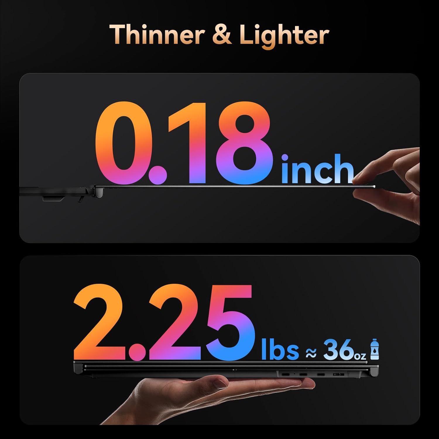 Thin and light product display with measurements on a black background
