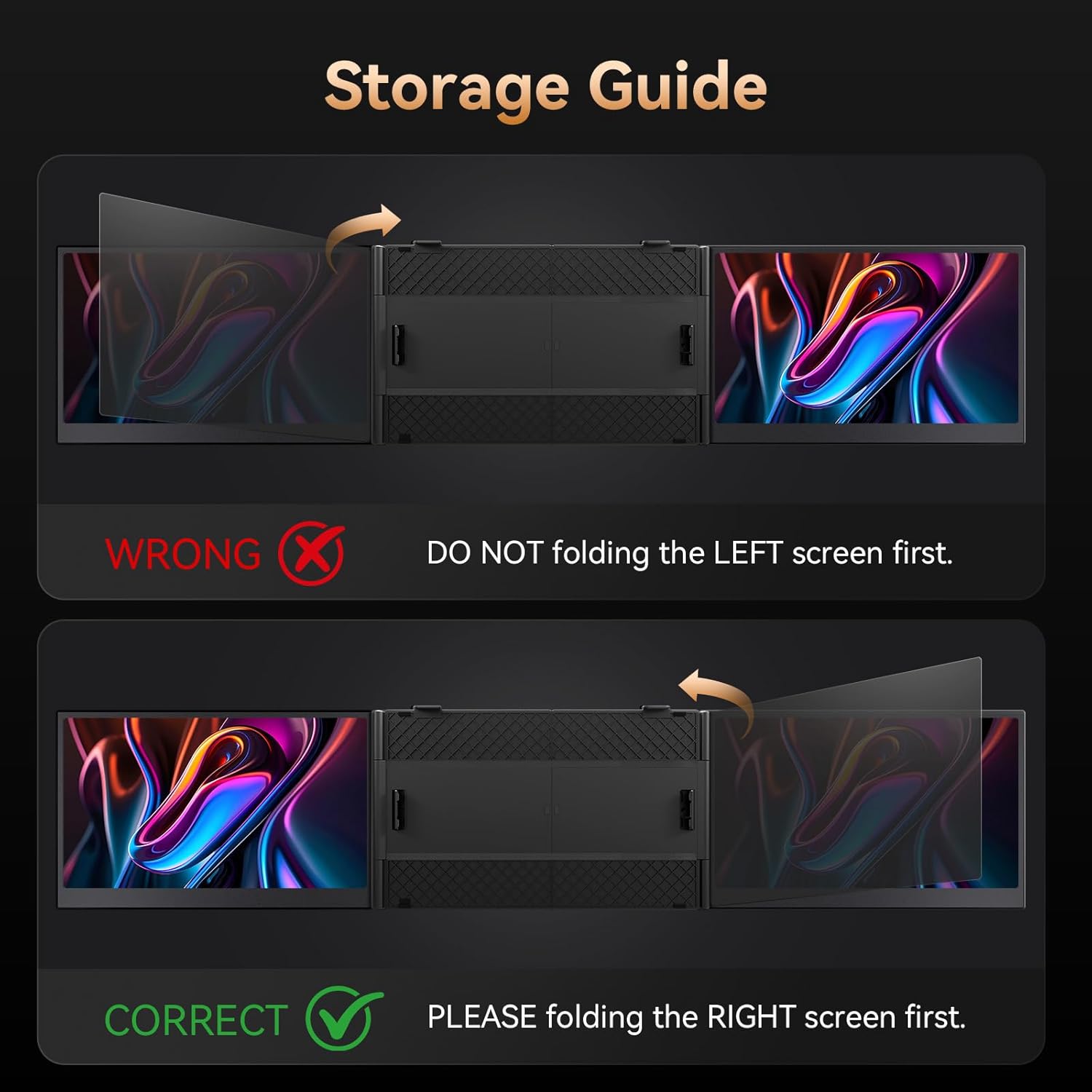 Storage guide for a device with two screens showing correct and incorrect folding methods.