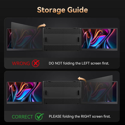 Storage guide for a device with two screens showing correct and incorrect folding methods.
