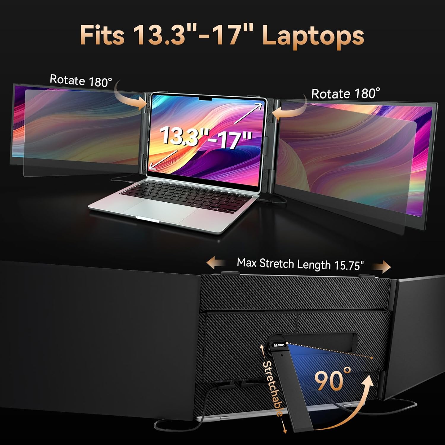 Laptop with screen protector displaying product features on a black background