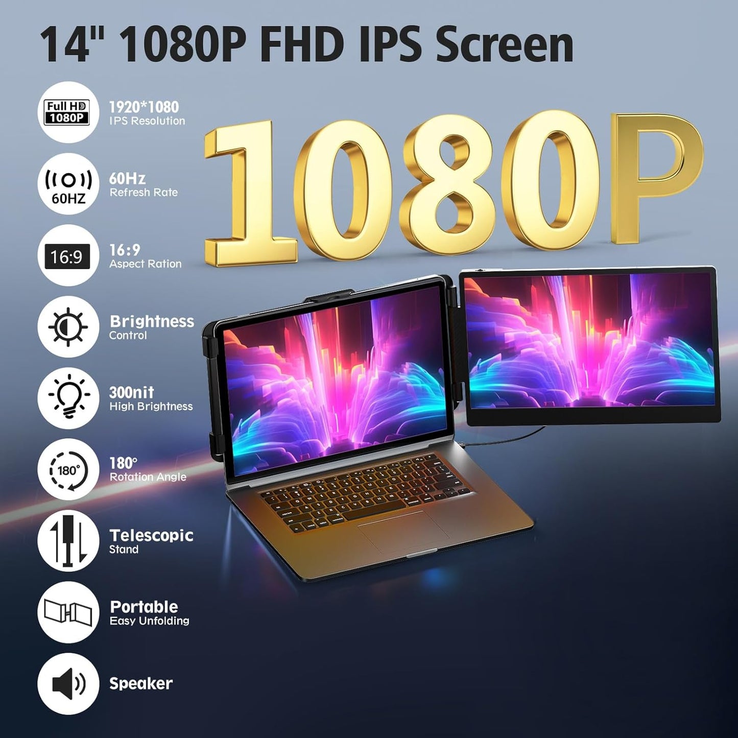 Laptop with 1080P display and additional monitor on a dark background with feature icons.