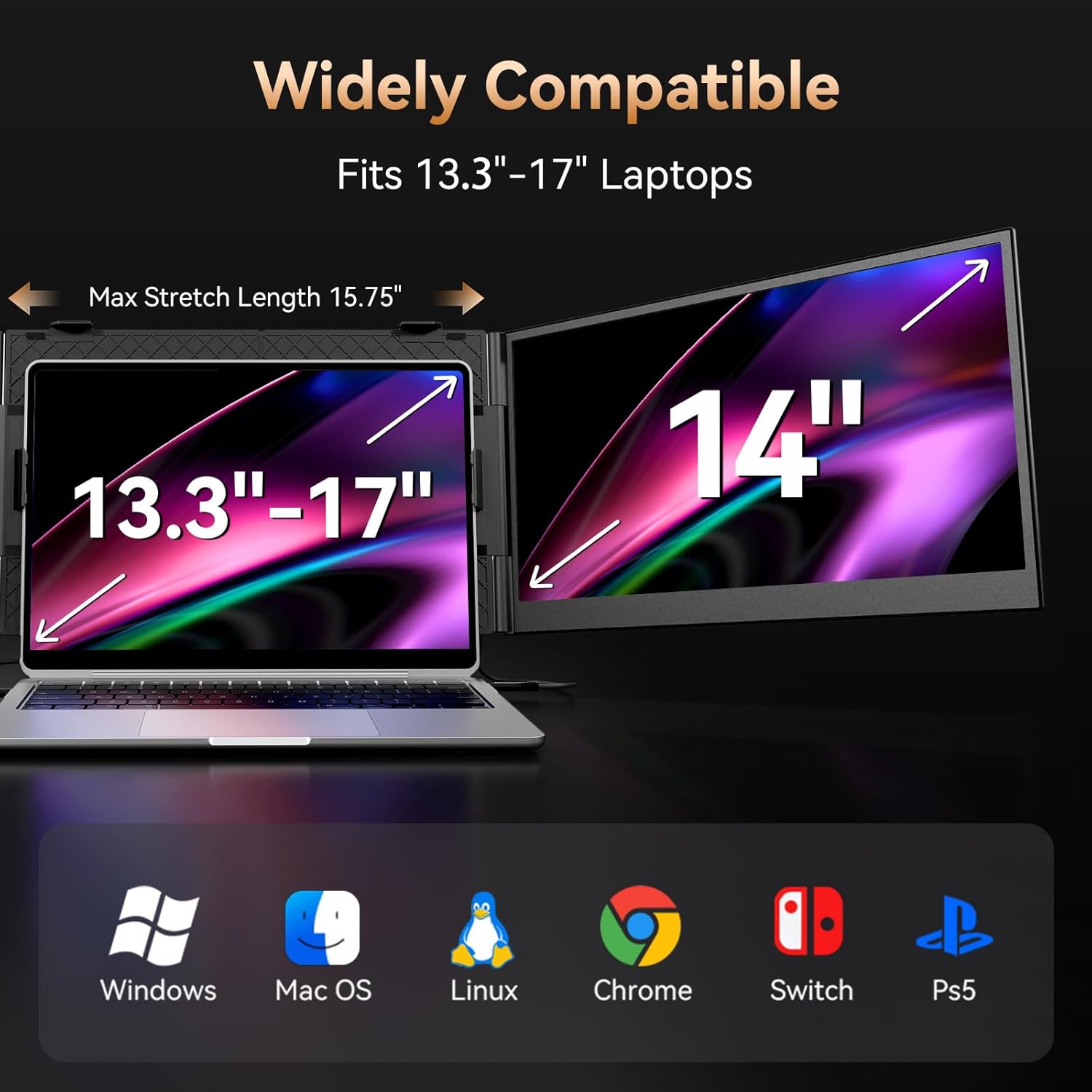 Two laptops with screens displaying compatibility information and operating system logos.