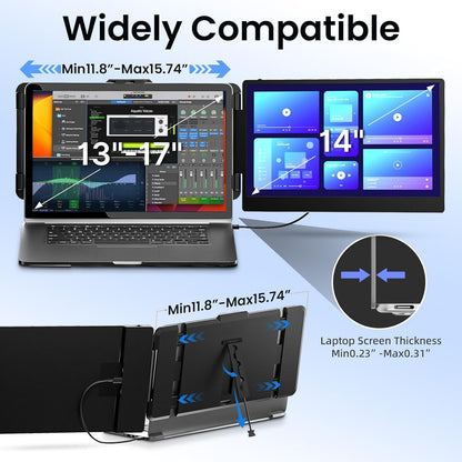 Laptop with screen extension device showing compatibility range from 13" to 17" and screen thickness.
