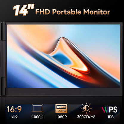 14-inch FHD portable monitor with specifications on a dark background