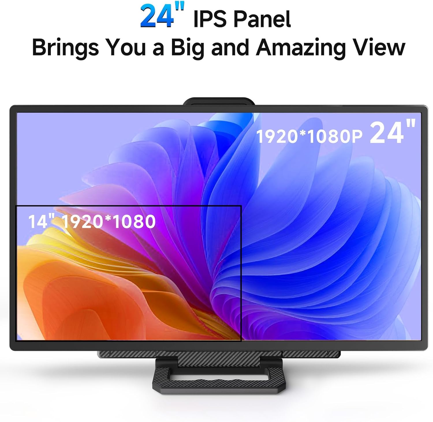 Monitor with 24-inch IPS panel displaying colorful abstract design, text indicating resolution and size.