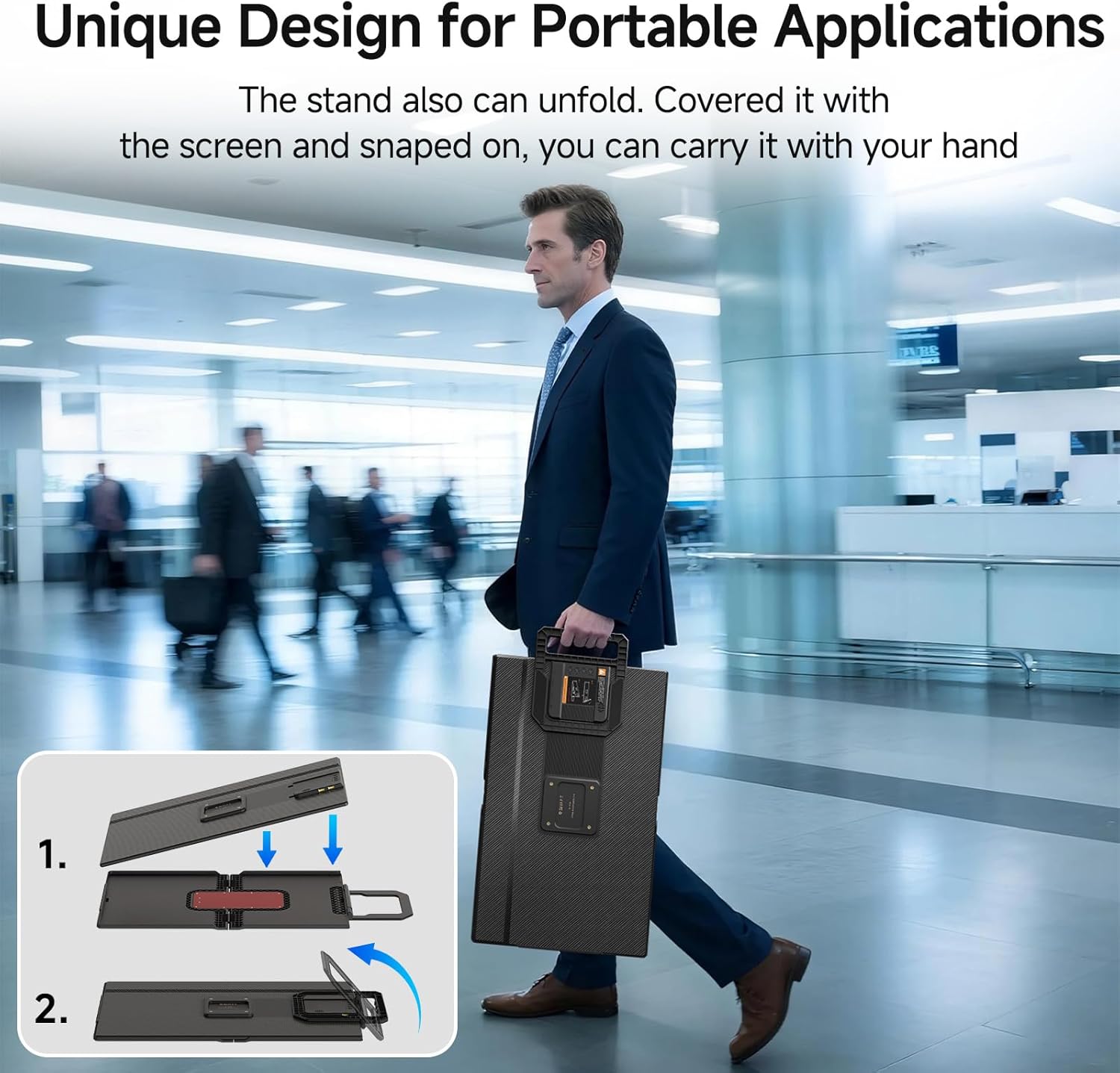 Man in a suit walking with a portable application stand in an office setting