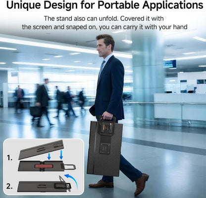 Man in a suit walking with a portable application stand in an office setting