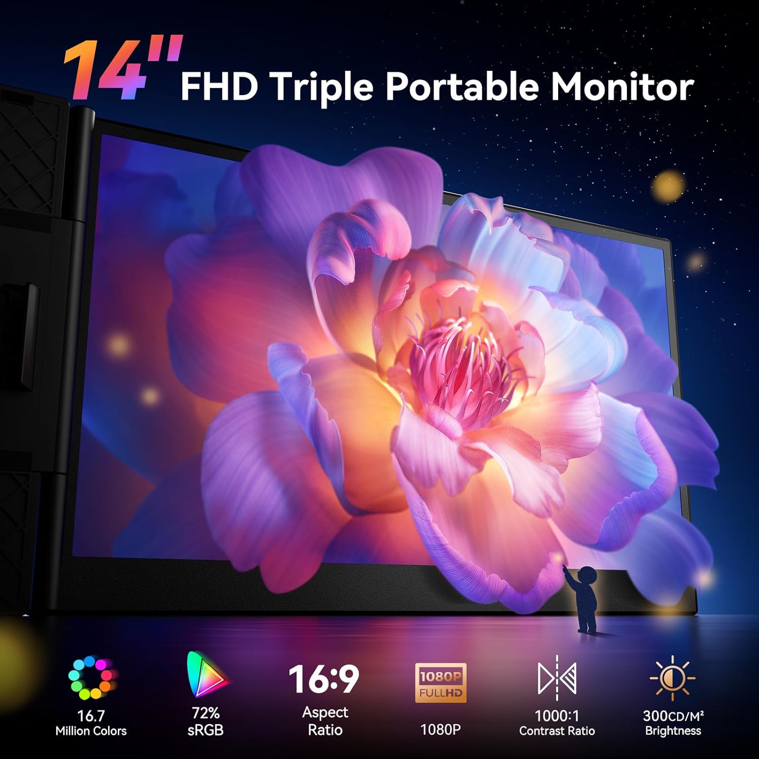 14-inch FHD triple portable monitor displaying a colorful flower with specifications on screen