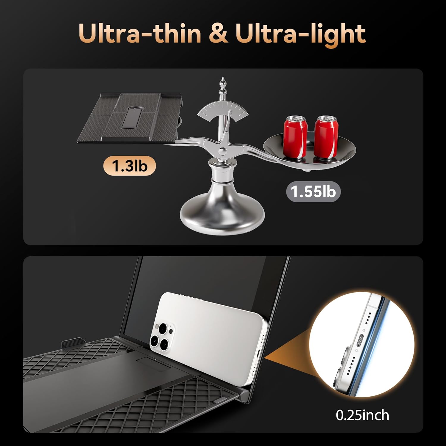 Ultra-thin and ultra-light product comparison with a balance scale and close-up of thickness.