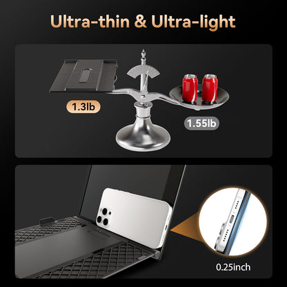 Ultra-thin and ultra-light product comparison with a balance scale and close-up of thickness.