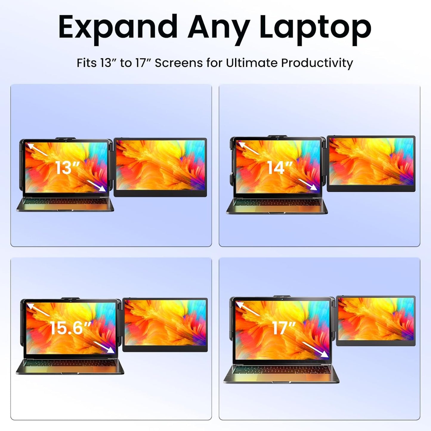 Product display of a laptop screen expander with different screen sizes on a light blue background.