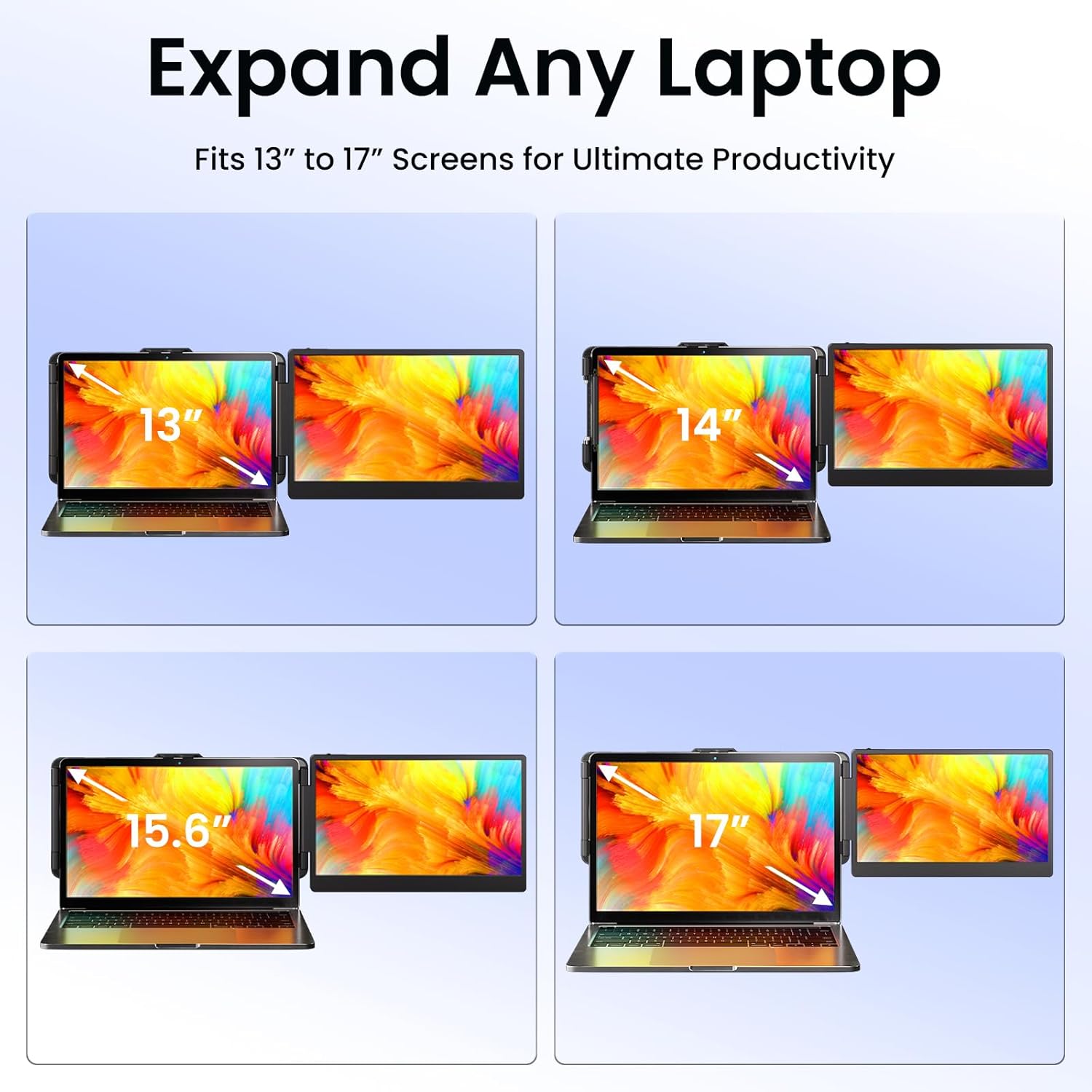 Product display of a laptop screen expander with different screen sizes on a light blue background.