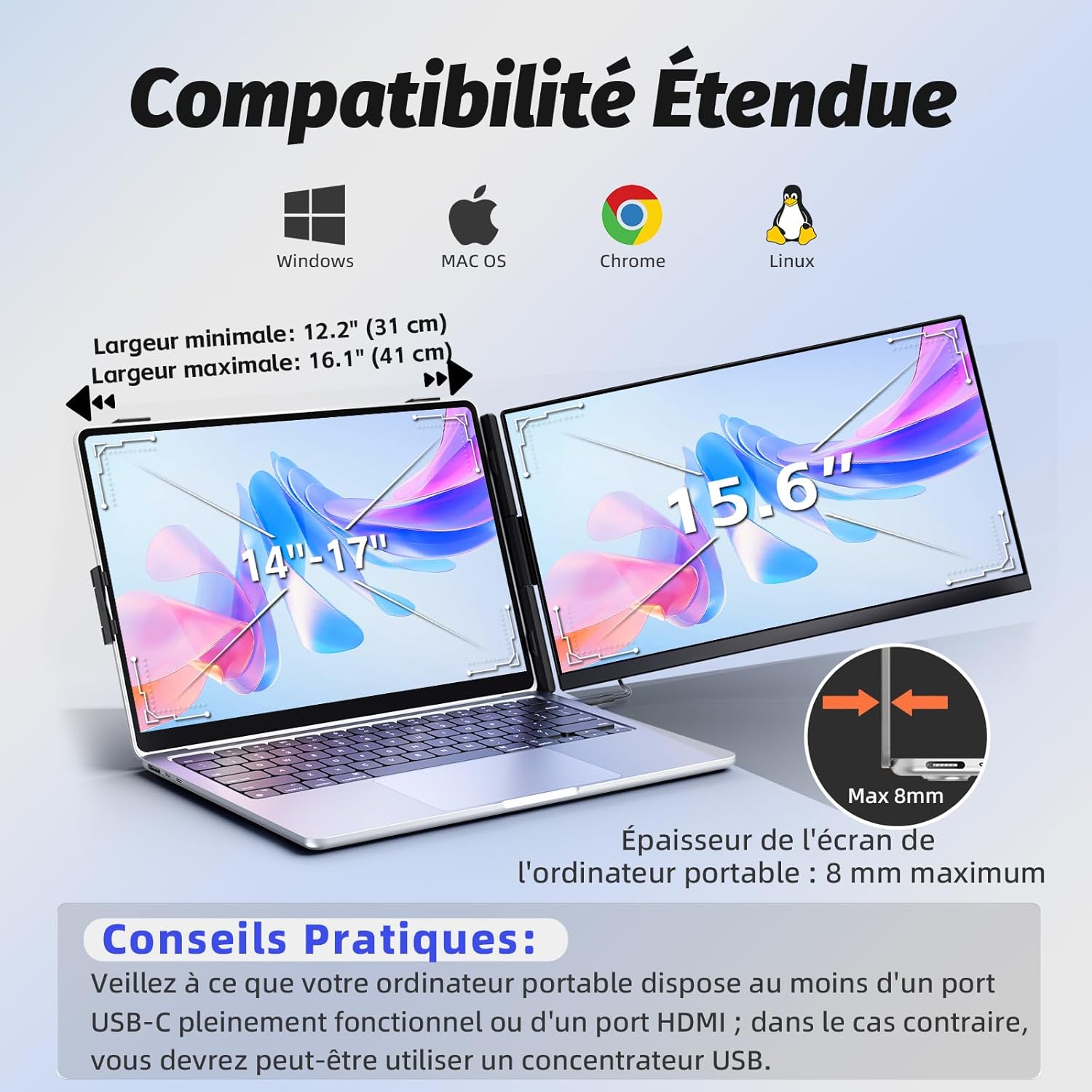 Two laptops with compatibility icons for Windows, macOS, Chrome, and Linux on a light gray background.