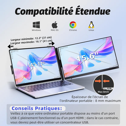 Two laptops with compatibility icons for Windows, macOS, Chrome, and Linux on a light gray background.