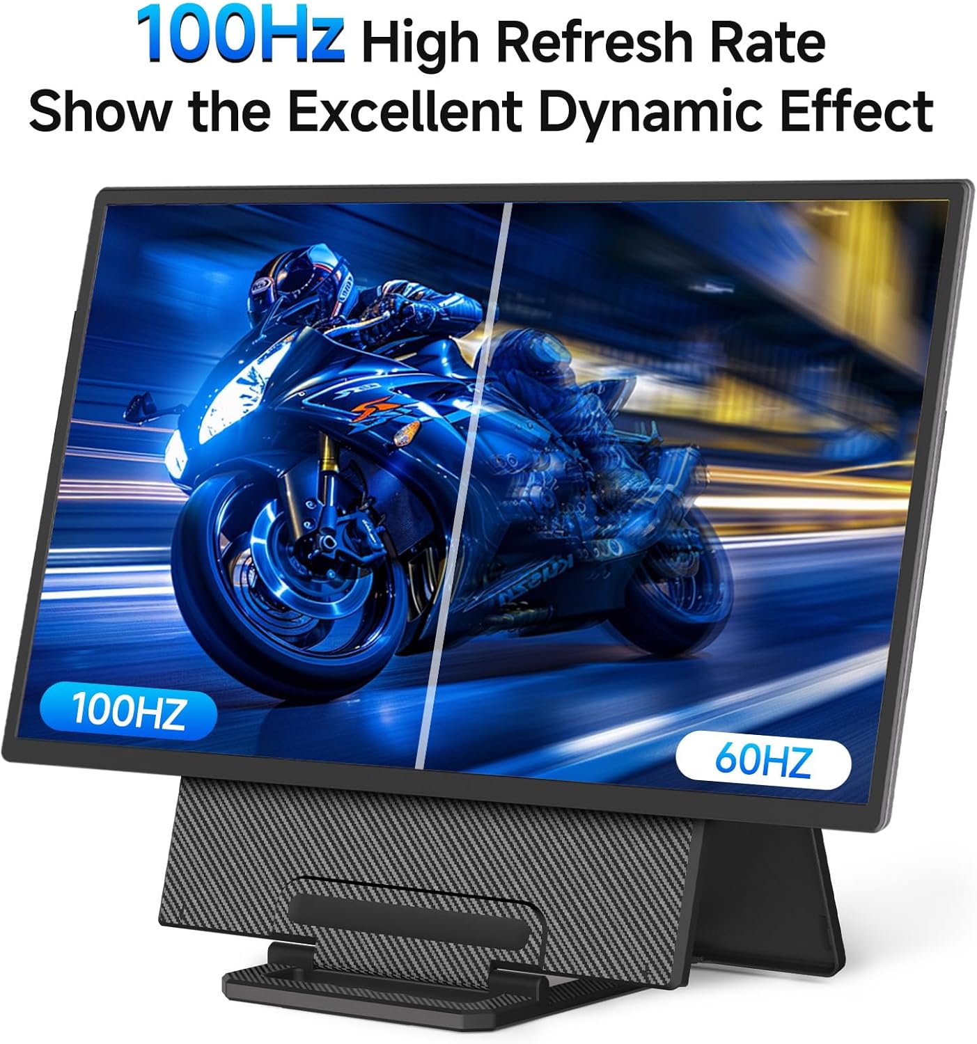 Monitor displaying a blue motorcycle with 100Hz high refresh rate text