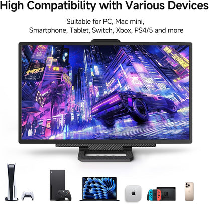 Monitor displaying a futuristic cityscape with text about compatibility with various devices.